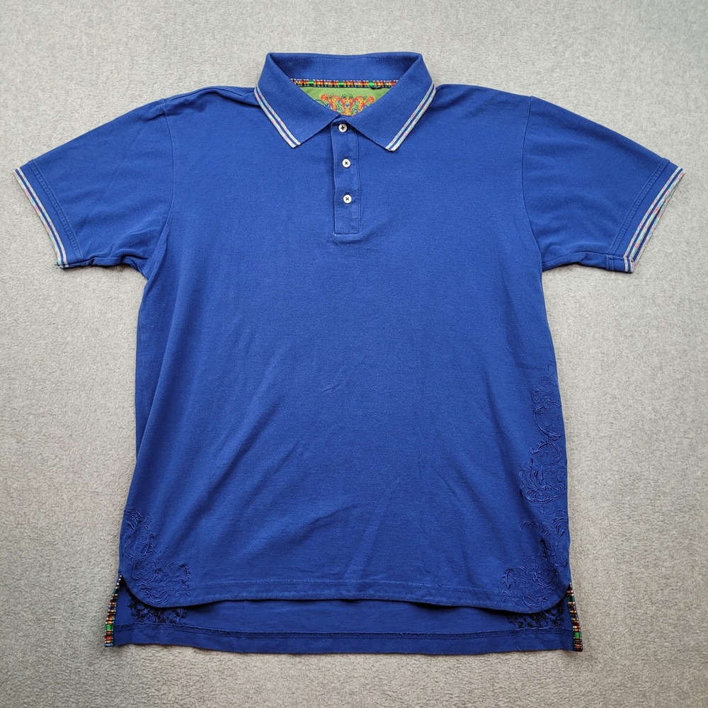 Robert Graham Polo Shirt Mens Large Blue Embroidered Trim Short Sleeve Cotton